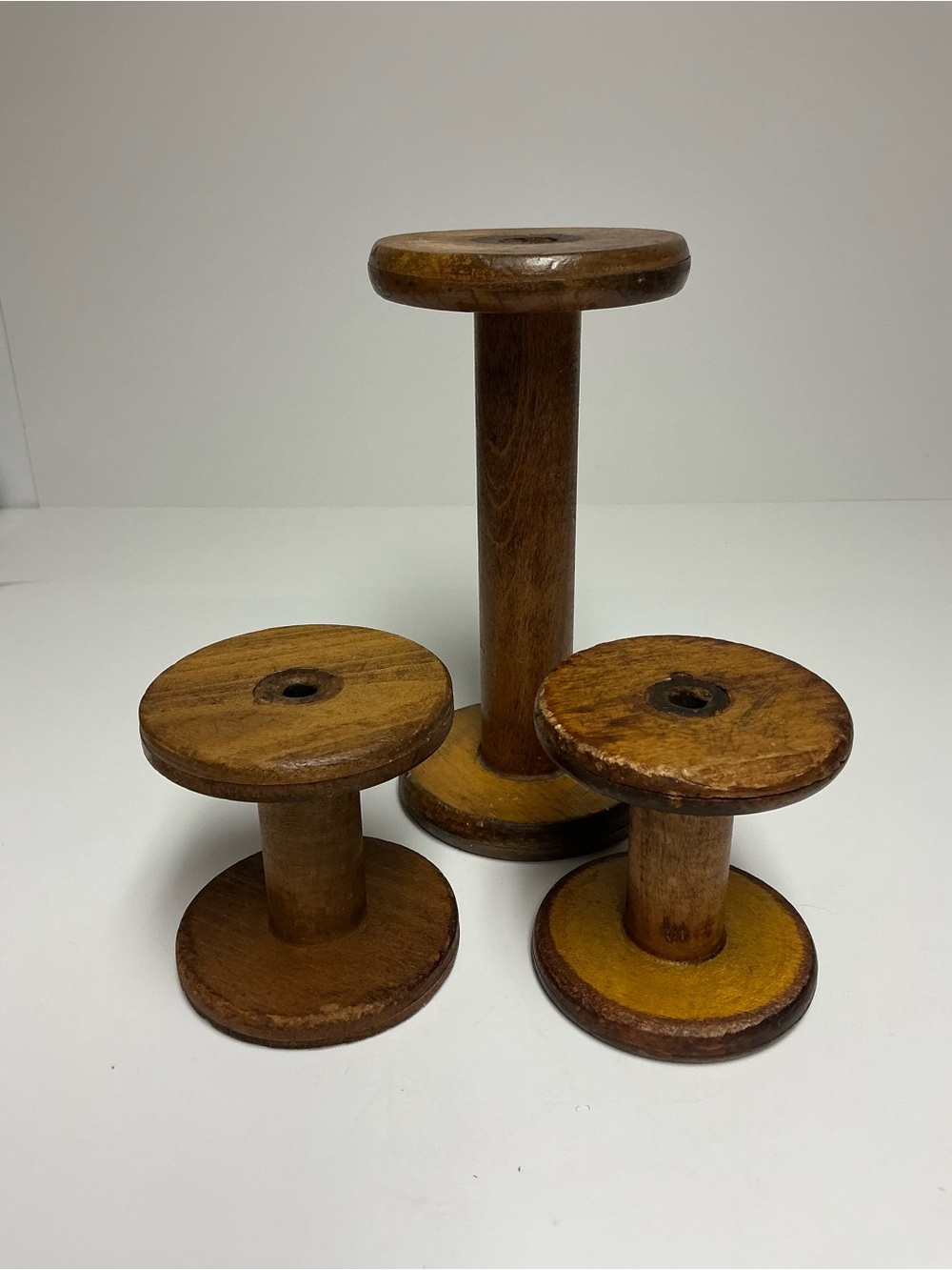 Vintage Wooden Textile Bobbins Industrial Spools Set of 3 Rustic Decor READ